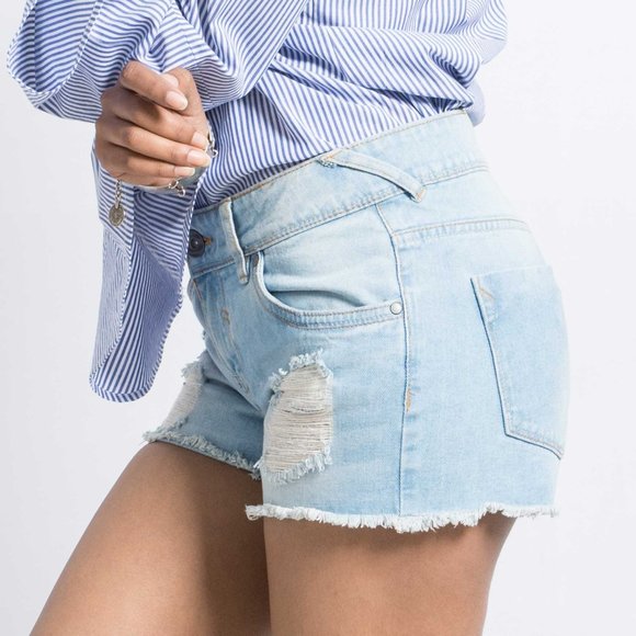 OLGYN Women’s Ripped Light Blue Denim Shorts - Picture 4 of 4